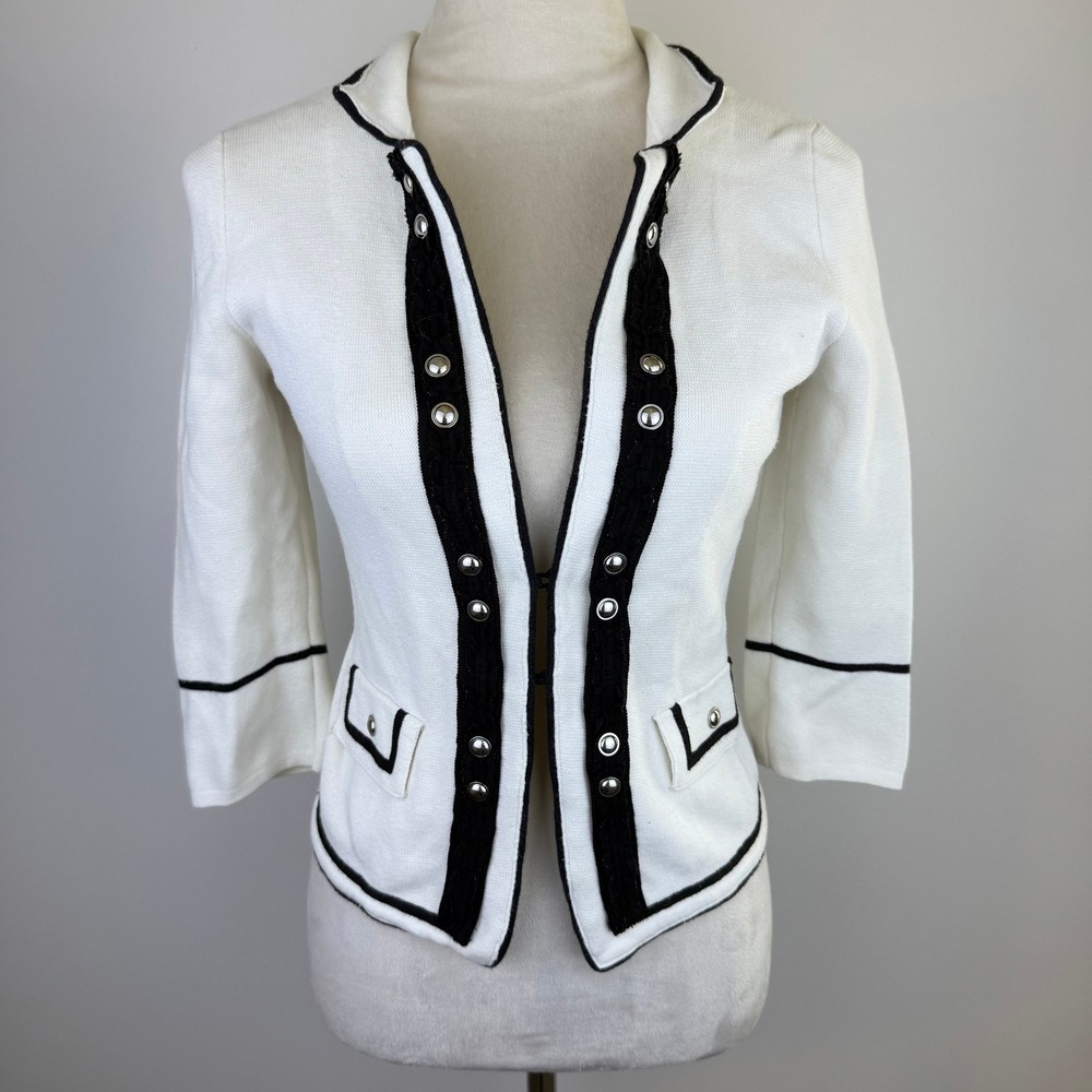 White House Black Market Ivory Black Chic Studded Knit Cardigan Jacket Size XS